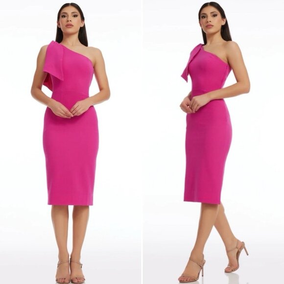 Dress The Population Tiffany Dress XXS Bright Fuchsia One Shoulder Midi - Picture 1 of 12